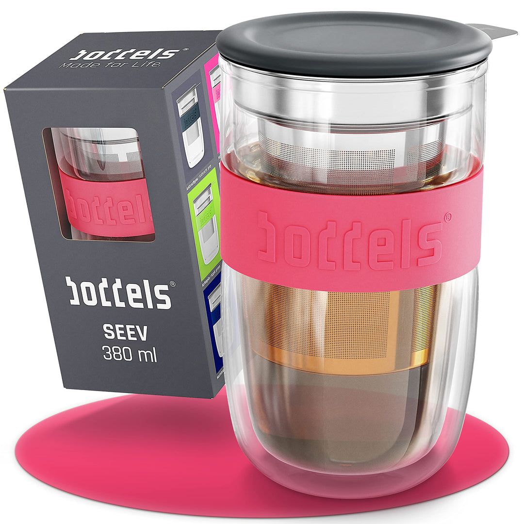 Glasbecher 380ml – Teebecher mit Sieb+Deckel, doppelwandig, Teetasse mit Edelstahl-Sieb, Keramik-Dec