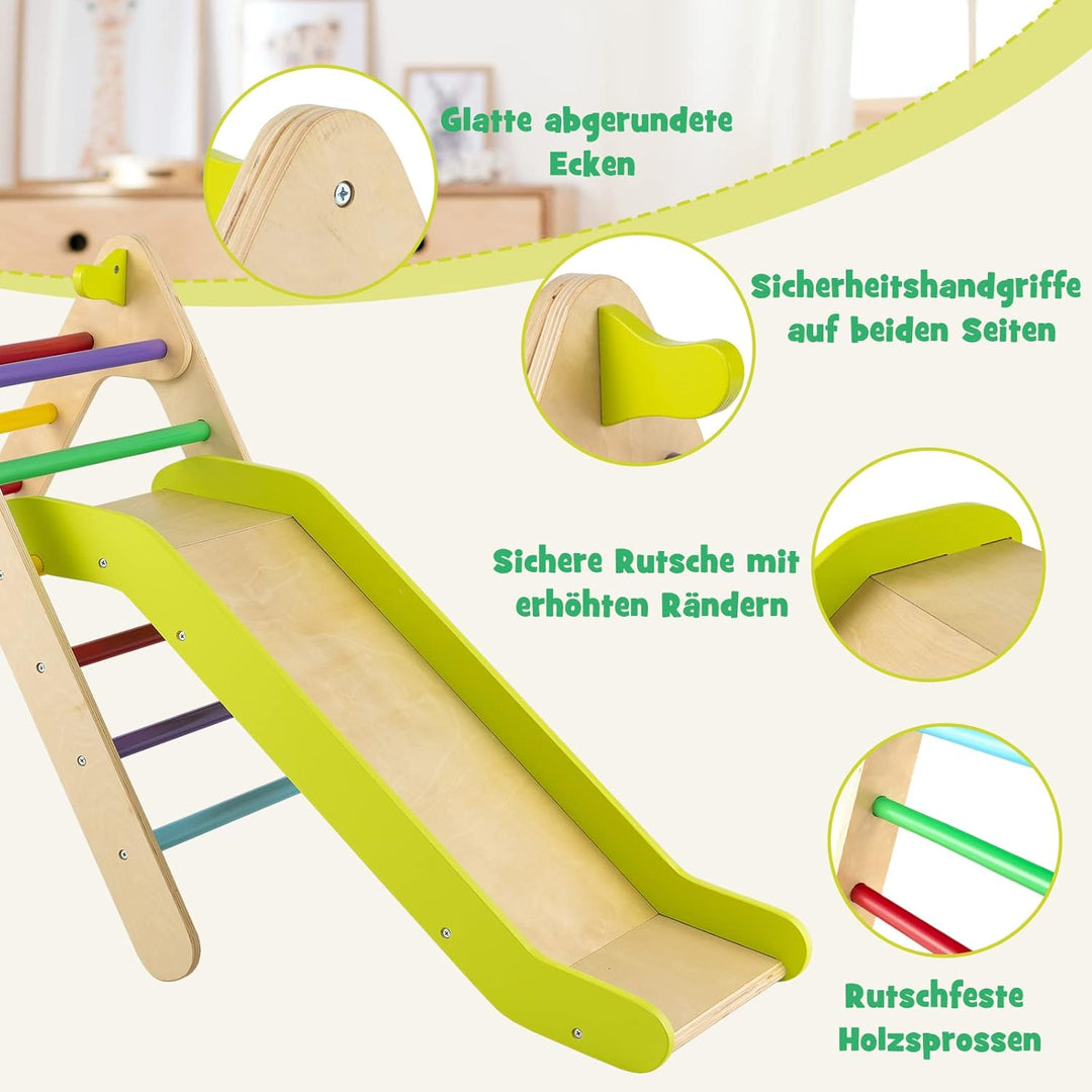 DREAMADE 2 in 1 Kletterdreieck mit Rutschbrett, Indoor Klettergerüst, Holzdreieck Sprossendreieck Kl