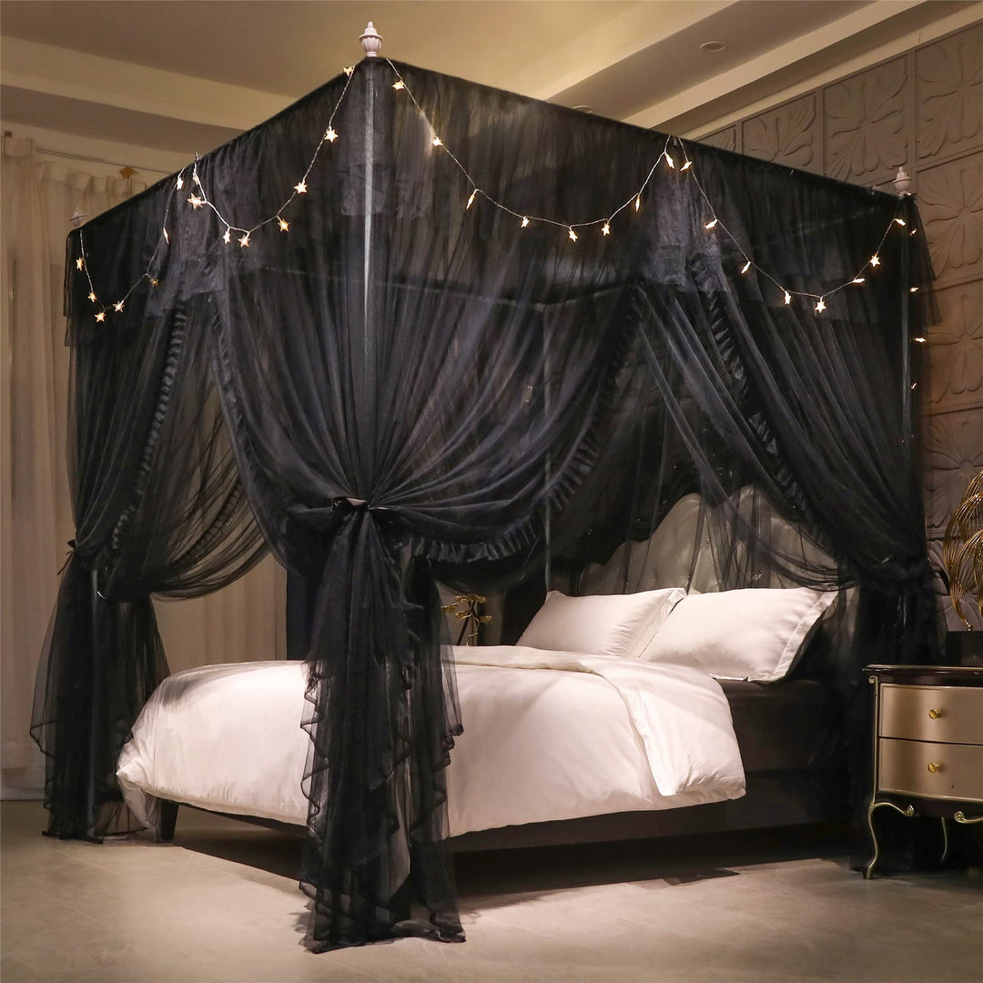 VETHIN 4 Ecken Pfosten Rüschen Prinzessin Bett Baldachin Vorhang, doppellagig, gemütlich, schwarz, 1