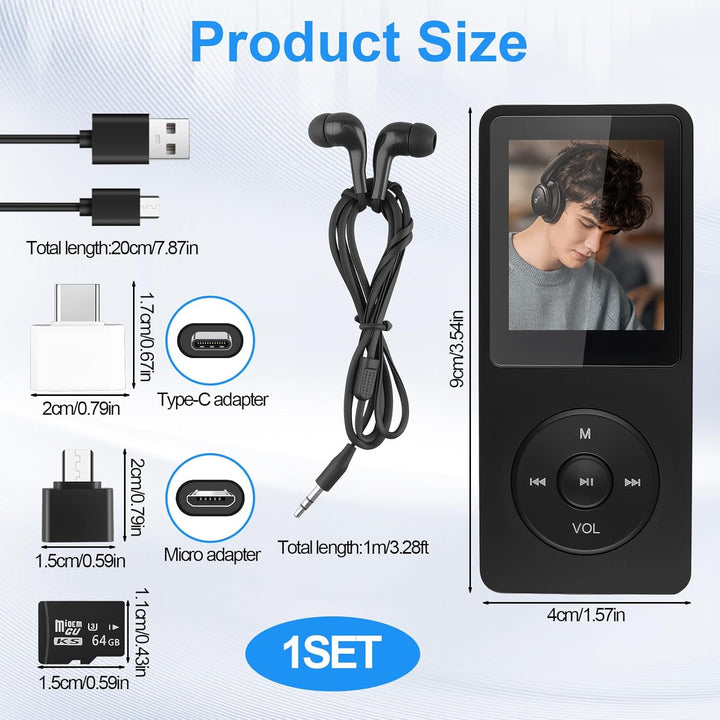 64GB MP3 Player Bluetooth 5.3, Tragbarer Musikplayer mit Lautsprecher, HiFi Klang, HD Sound, FM Radi