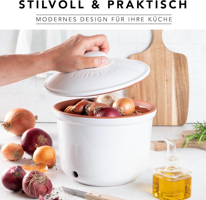 Römertopf Zwiebeltopf Frische-Topf MAXI aus Naturton, Keramik Vorratstopf Ø 20,0cm weiss ø21cm, ø21c