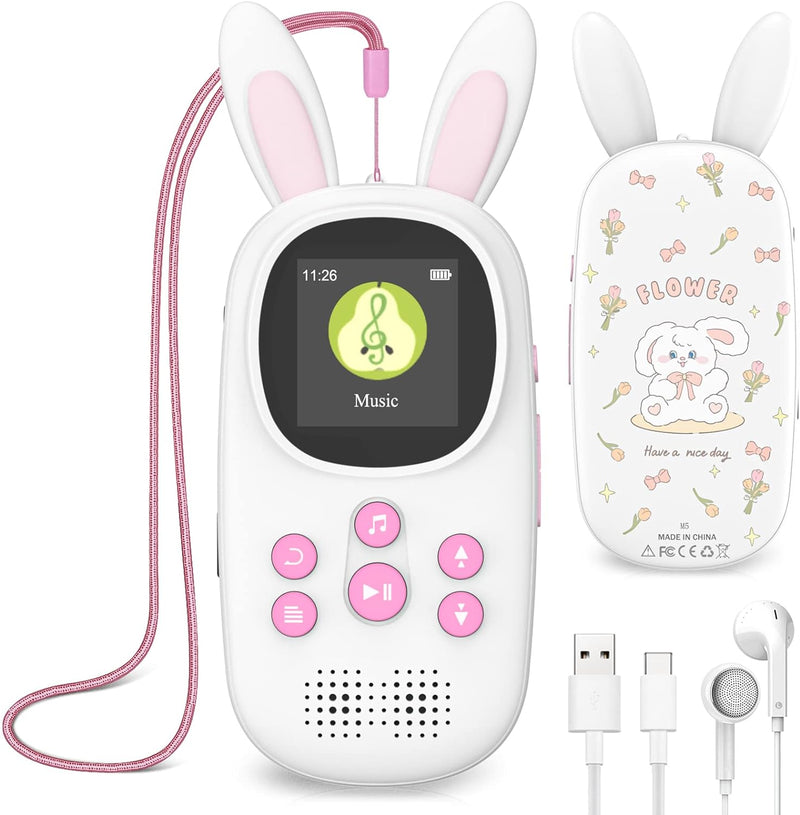 16GB Bluetooth MP3 Player , Niedlicher Hase Kinder Musik Player mit Kopfhörer & Lautsprecher, mit FM