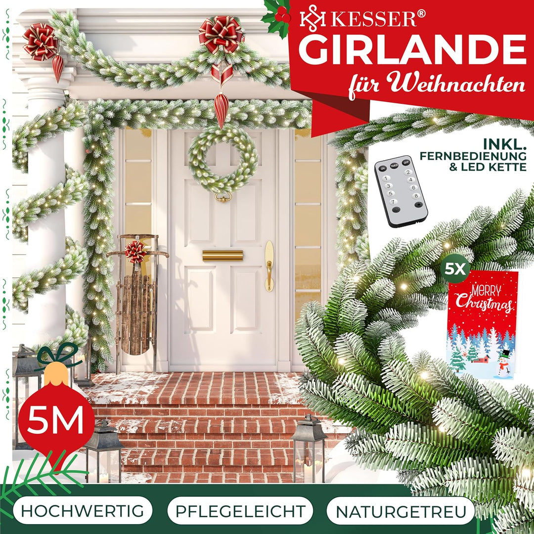KESSER® Weihnachtsgirlande 5m mit Beleuchtung 100 LEDs - 6 Stunden Timer - LED Kette 8 Leuchtmodi -
