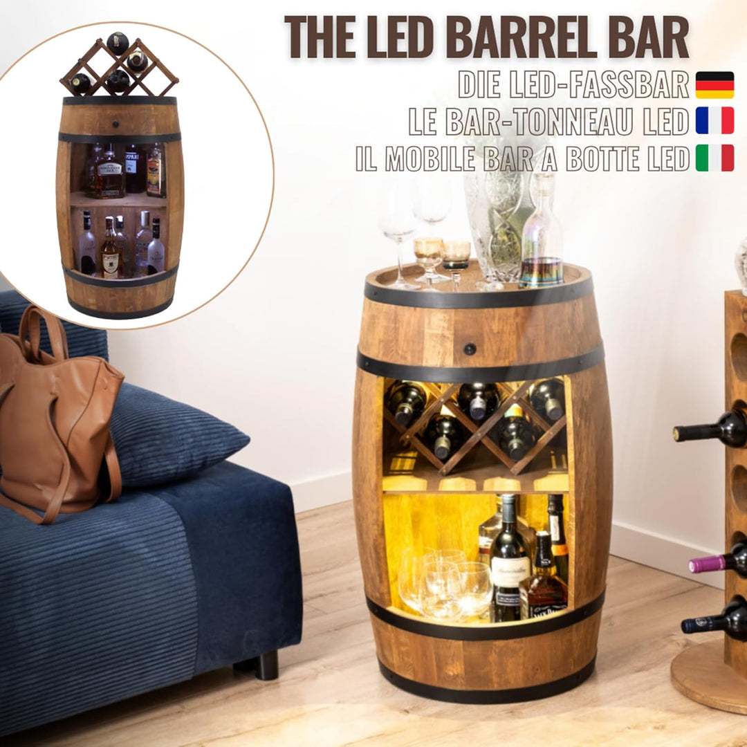CREATIVE COOPER Fass bar mit Weinhalter - Weinregal LED - Holzfass Hausbar 80x50cm - Rustikaler deko