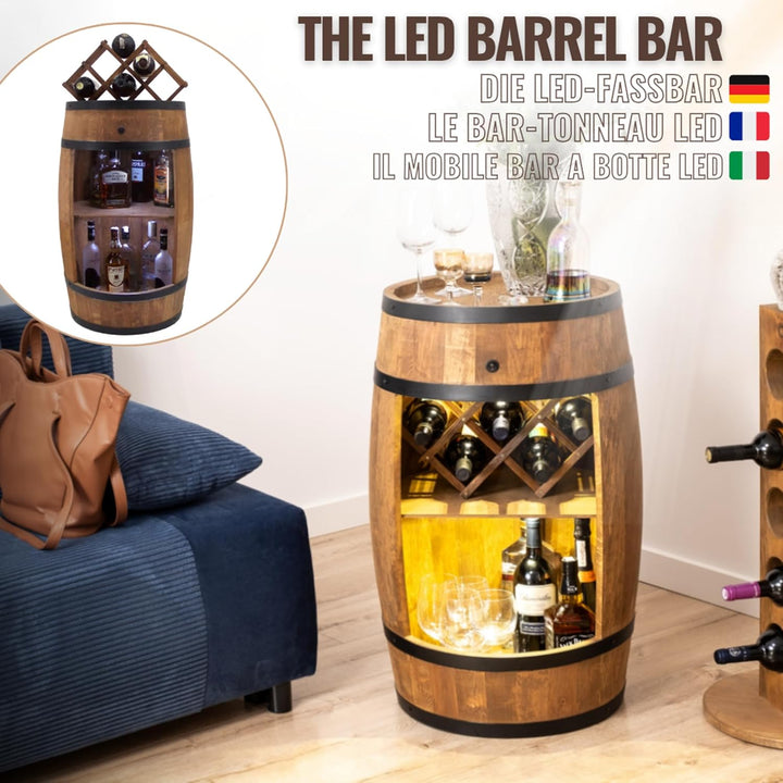 CREATIVE COOPER Fass bar mit Weinhalter - Weinregal LED - Holzfass Hausbar 80x50cm - Rustikaler deko