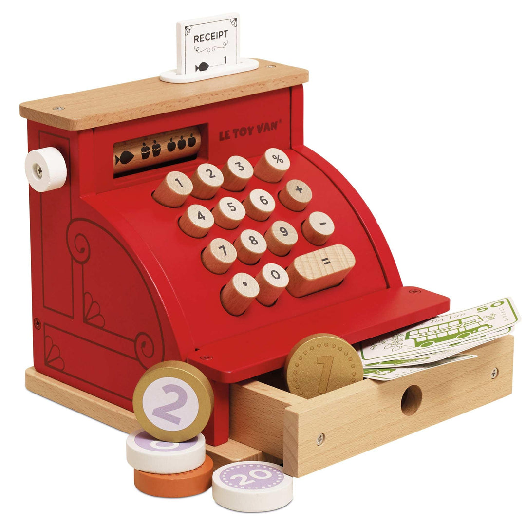 Le Toy Van – Honeybake Rollenspiel Kasse aus Holz mit Kassenbeleg, Kassenschublade und Spielgeld | I