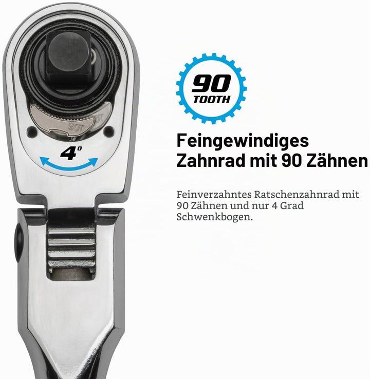 Capri Tools Feinzahn 90-Zahn-Flexkopf-Ratschen-Set mit feststellbarem Kopf, extra langer Chromgriff,
