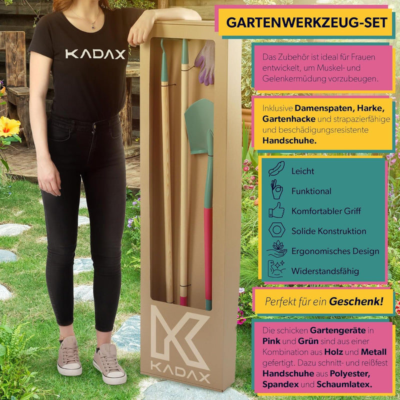 KADAX Gartenwerkzeug-Set, 4er Set, Metall Spaten, Rechen und Hacke, Gartenwerkzeug für Damen, Inclus