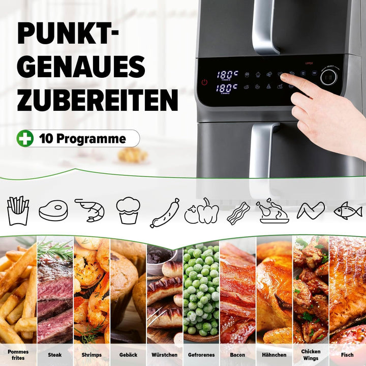 GOURMETmaxx FryUp Doppelkammer Heissluftfritteuse MultiSize - 10 L | vertikaler Airfryer mit 2 Kamme