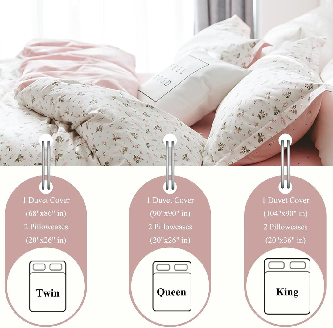 VCLIFE Queen-Bettwäsche-Set aus Baumwolle, Rosa/Weiss, Blumenmuster, Bettbezüge mit Reissverschluss,