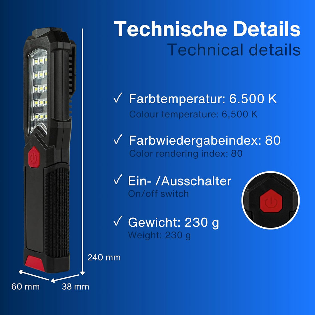 REV LED Arbeitsleuchte TORCH – Kompakte Akku Handlampe mit 360° Magnetfuss & Aufhängehaken, ideal fü