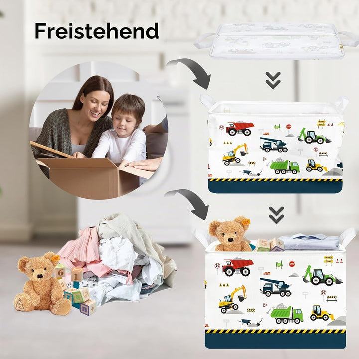 Clastyle Cartoon Bau LKW Jungen Würfel Aufbewahrungskorb für Babyzimmer Bagger Bulldozer Blau Wasser