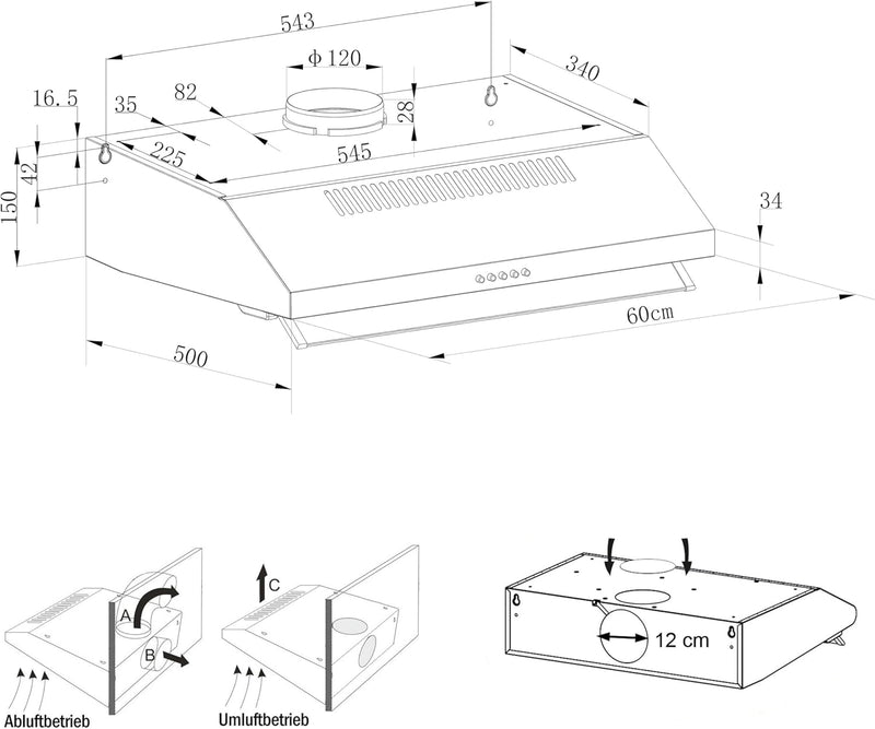 NEG Dunstabzugshaube NEG15-ATW+ (weiss) Edelstahl-Unterbau-Haube mit Doppelmotor (Abluft/Umluft) und