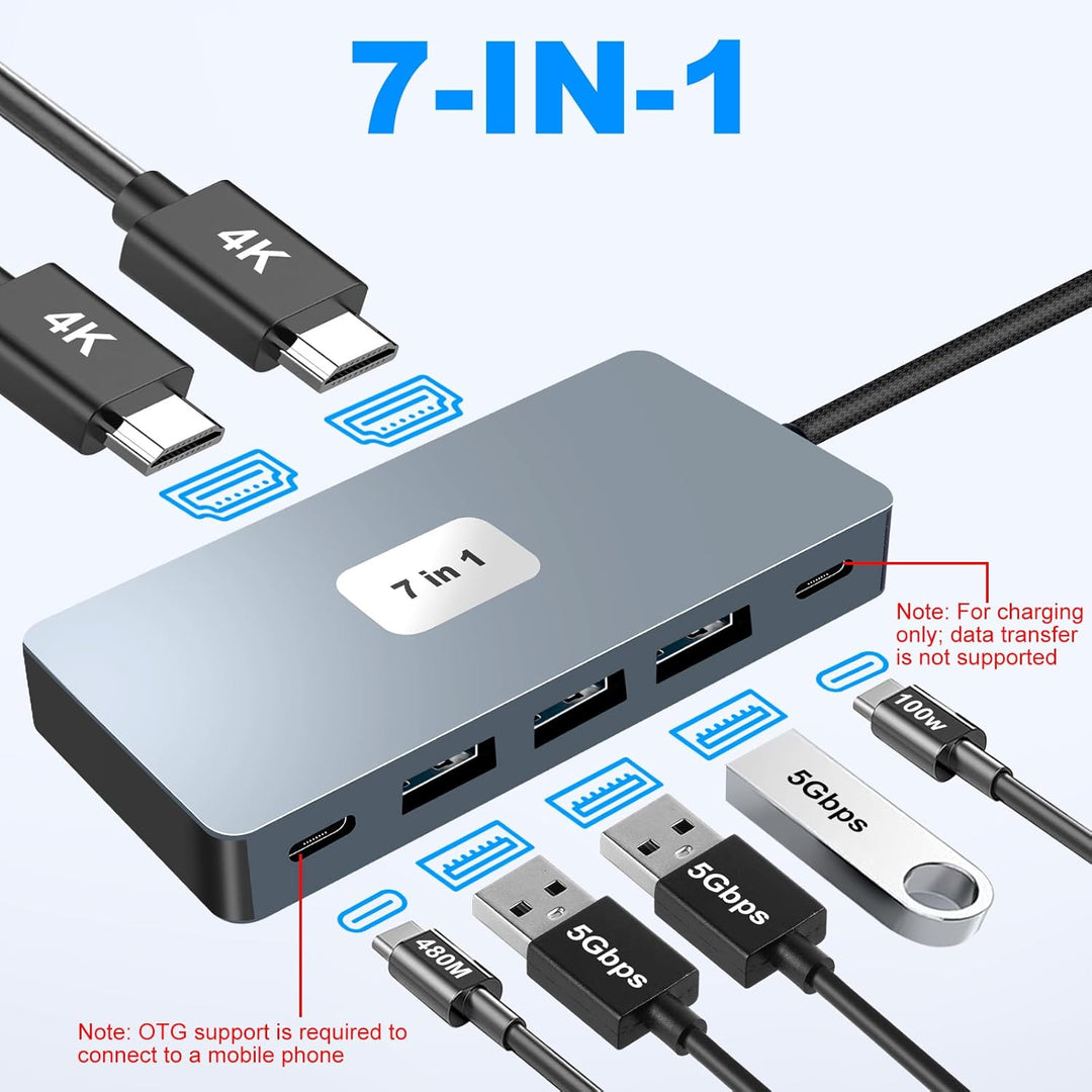 USB C Hub 2 HDMI 4K PD100W 4 USB A/C 3.0/2.0, 7 IN 1 Docking Station USB C Adapter Dockingstation La