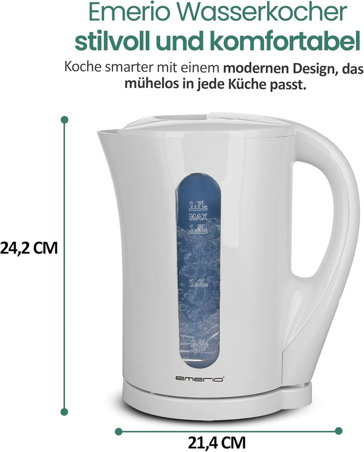 Emerio Wasserkocher BASIC | Kunststoff BPA frei | 1.7L Volumen mit beleuchtetem Ein-/Aus-Schalter |