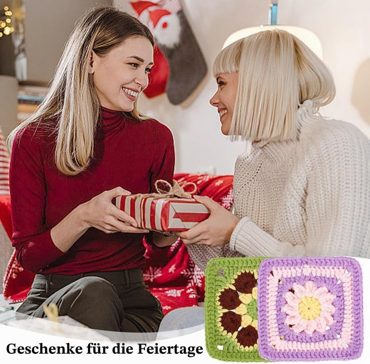 ORIGACH 6 in 1 Häkelset Für Anfänger, DIY Daisy Granny Square Starter Häkelset Mit Häkelblockiermatt