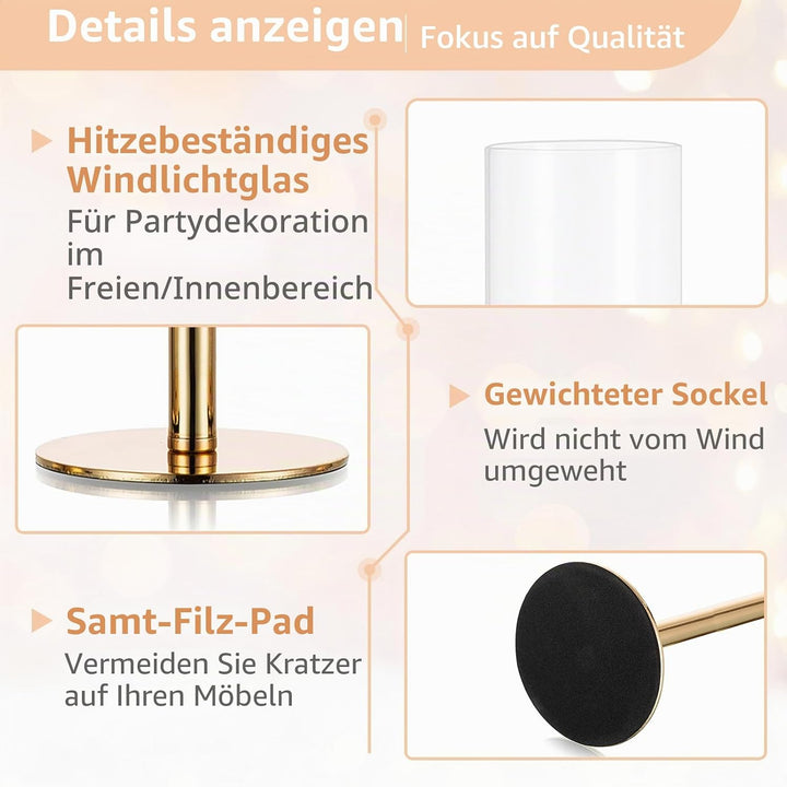Nuptio Glaszylinder für Kerzen Kerzenhalter Gold: 60 &amp; 55 &amp; 50cm Gross Klarglas Metall Kerzenständer