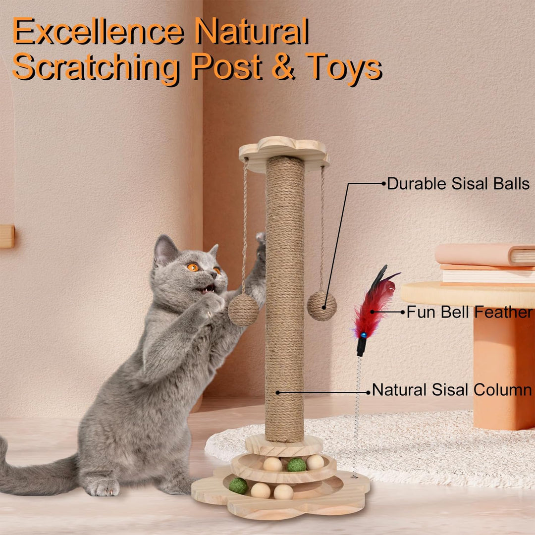 Kongming 4 in 1 Katzenspielzeug hölzernes, Katze Sisal Seil Kratzbaum mit hängenden Ball, Interaktiv