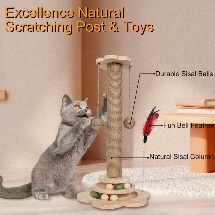 Kongming 4 in 1 Katzenspielzeug hölzernes, Katze Sisal Seil Kratzbaum mit hängenden Ball, Interaktiv