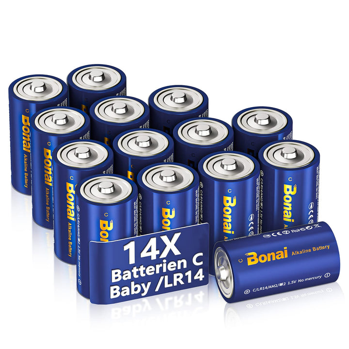 BONAI Longlife C Baby Batterien Alkaline 1,5V (14er-Pack) 7000mAh Hohe Kapazität Babyzellen Typ C-Al
