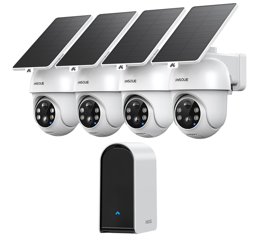 ANSQUE Überwachungskamera Aussen Solar Akku, 4er Set mit AnsqueBase, Ohne Abonnement, 32GB Lokalspei