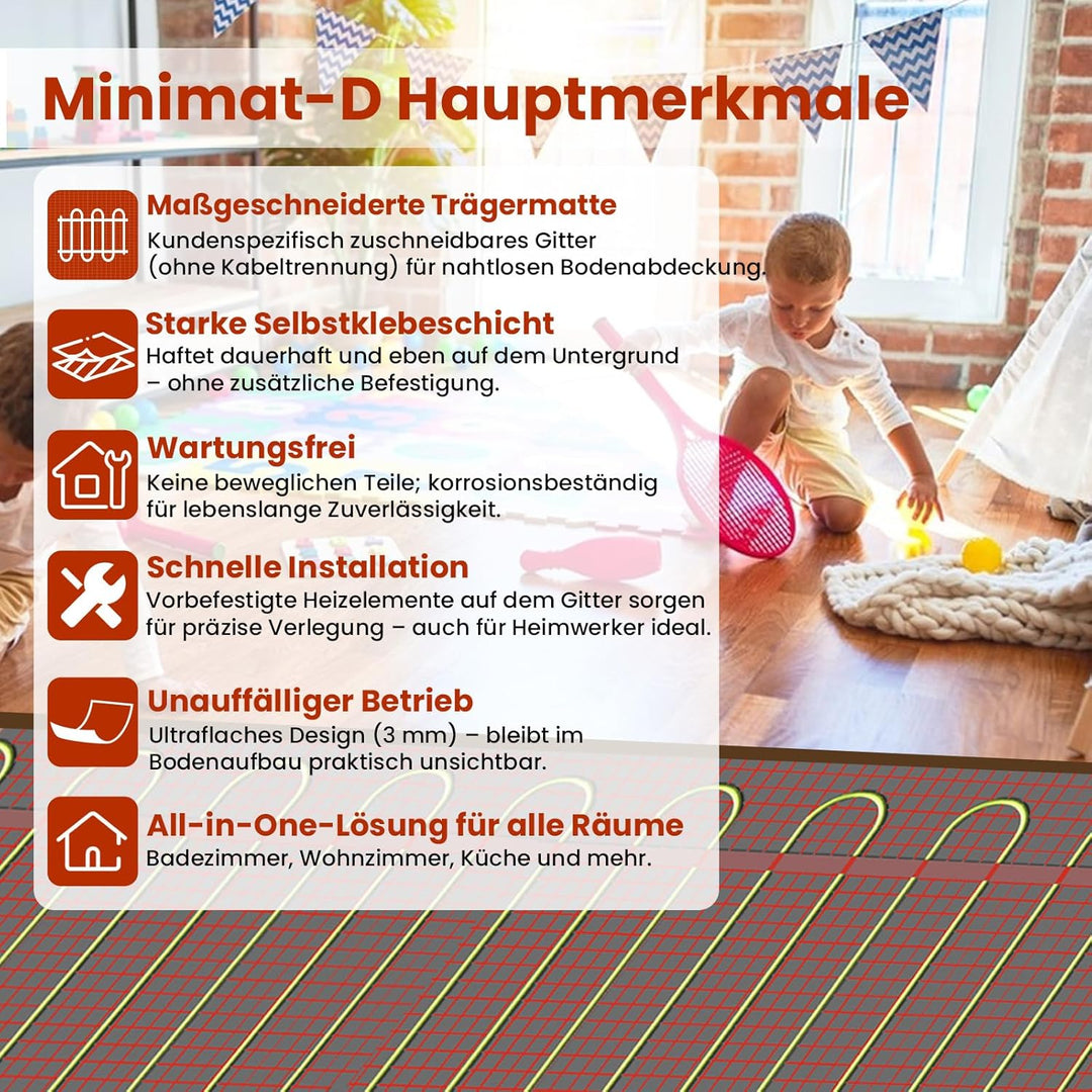 HEATIT Fussbodenheizung Matte, elektrisch, selbstklebend, Fussbodenheizung, 150W/㎡ Warmmat (1㎡ 84K)