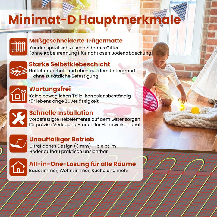 HEATIT Fussbodenheizung Matte, elektrisch, selbstklebend, Fussbodenheizung, 150W/㎡ Warmmat (1㎡ 84K)