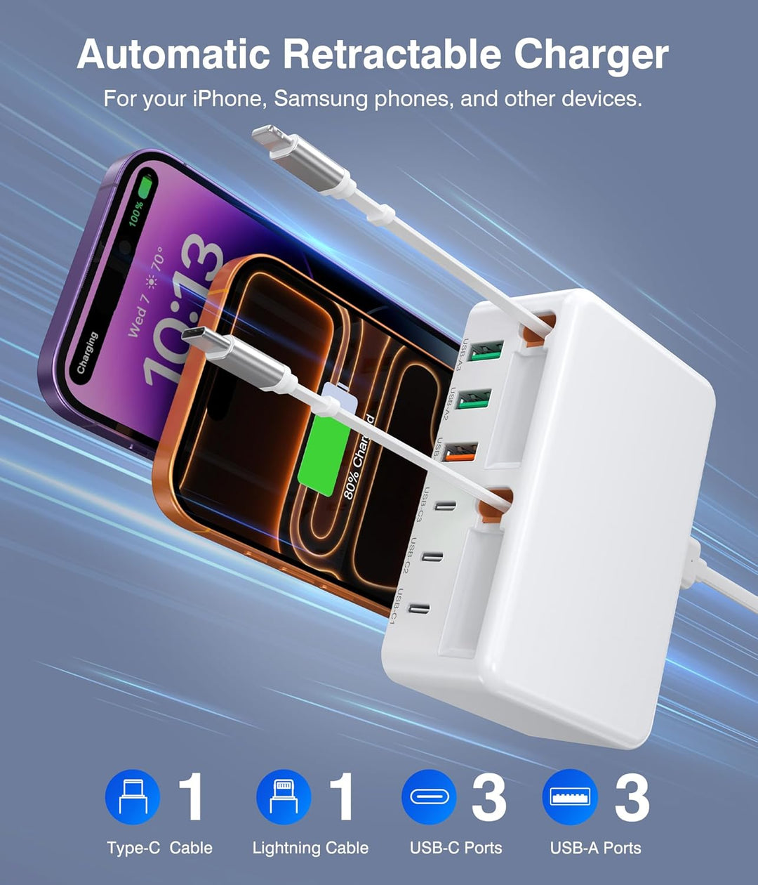 120W USB C Ladegerät, 8-Port USB C Schnellladegerät Netzteil mit Einziehbarem Kabel, PD+QC 3.0 GaN U