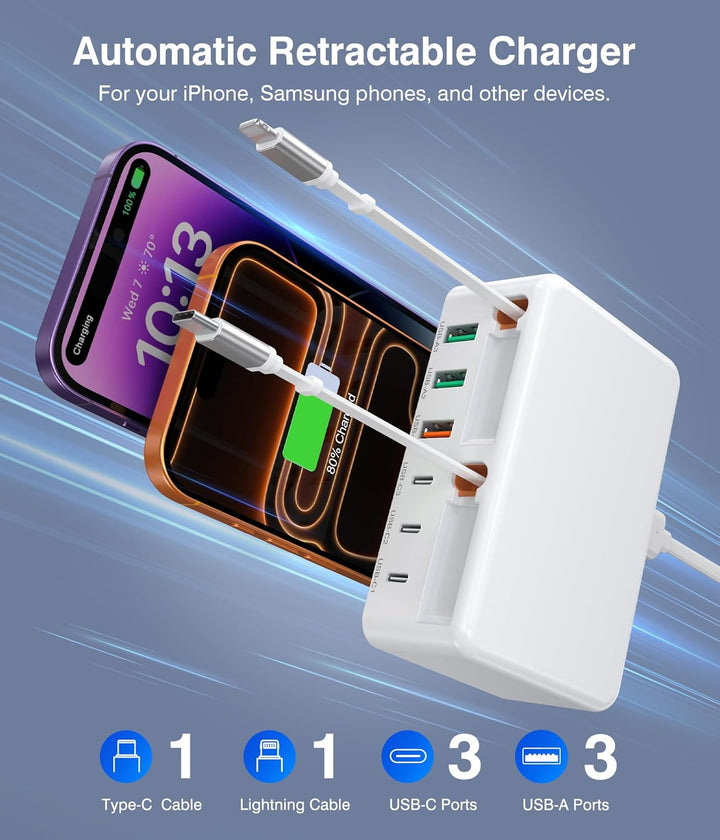 120W USB C Ladegerät, 8-Port USB C Schnellladegerät Netzteil mit Einziehbarem Kabel, PD+QC 3.0 GaN U