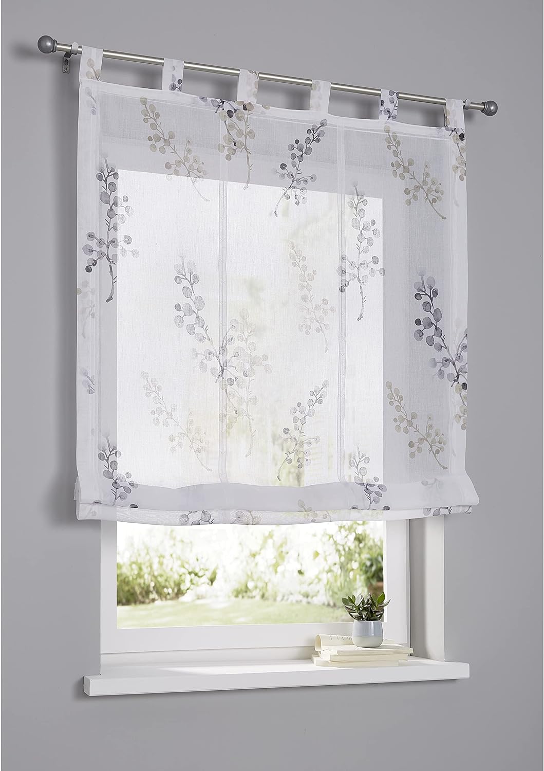 Kutti weisses Raffrollo Danny mit Schlaufen Bedruckt Raffgardine halbtransparent (Taupe, 120 x 140 c
