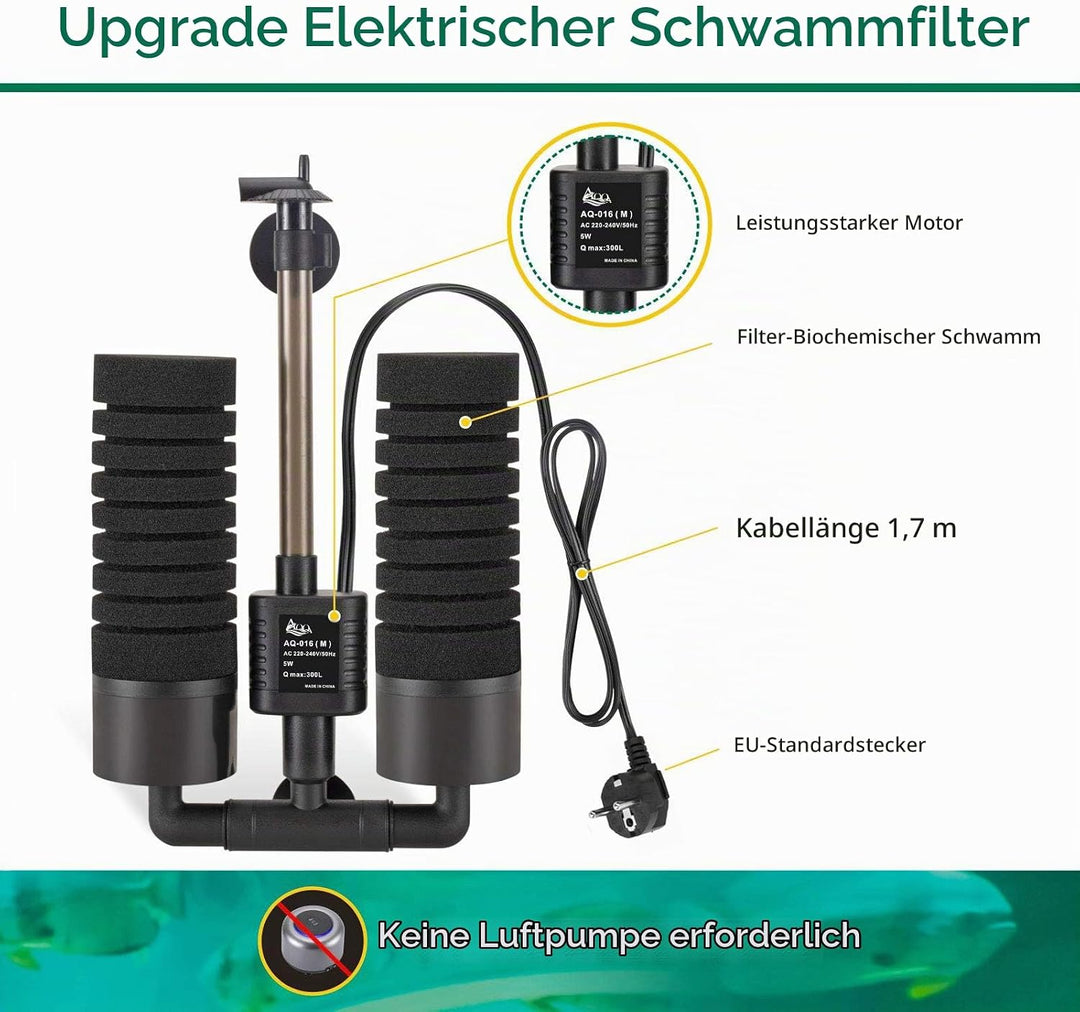 AQQA Aquarium Schwammfilter,3/5W Elektrischer Aquarium Filter,Leiser Tauchschaum Doppelschwammfilter