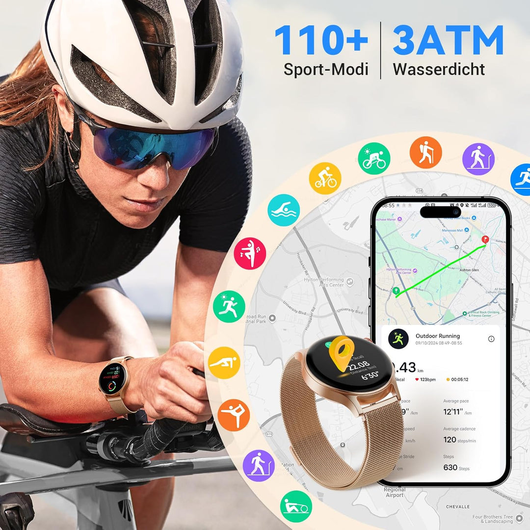 Smartwatch Damen Herren Rund mit Telefonfunktion- 1.32" AMOLED Display, Fitnessuhr mit 110+ Sportmod
