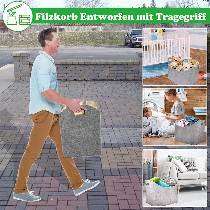 SUBTLETY XXL Faltbare Holzkörbe Set 2 Stück Filz Kaminholztasche Gross Kaminholzkorb Belast Max. 60L