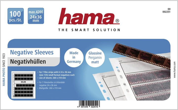 Hama Negativarchivierungshüllen (Pergamin) für je 7 Kleinbild-Streifen à 6 Bilder (100 St.) 100 St.