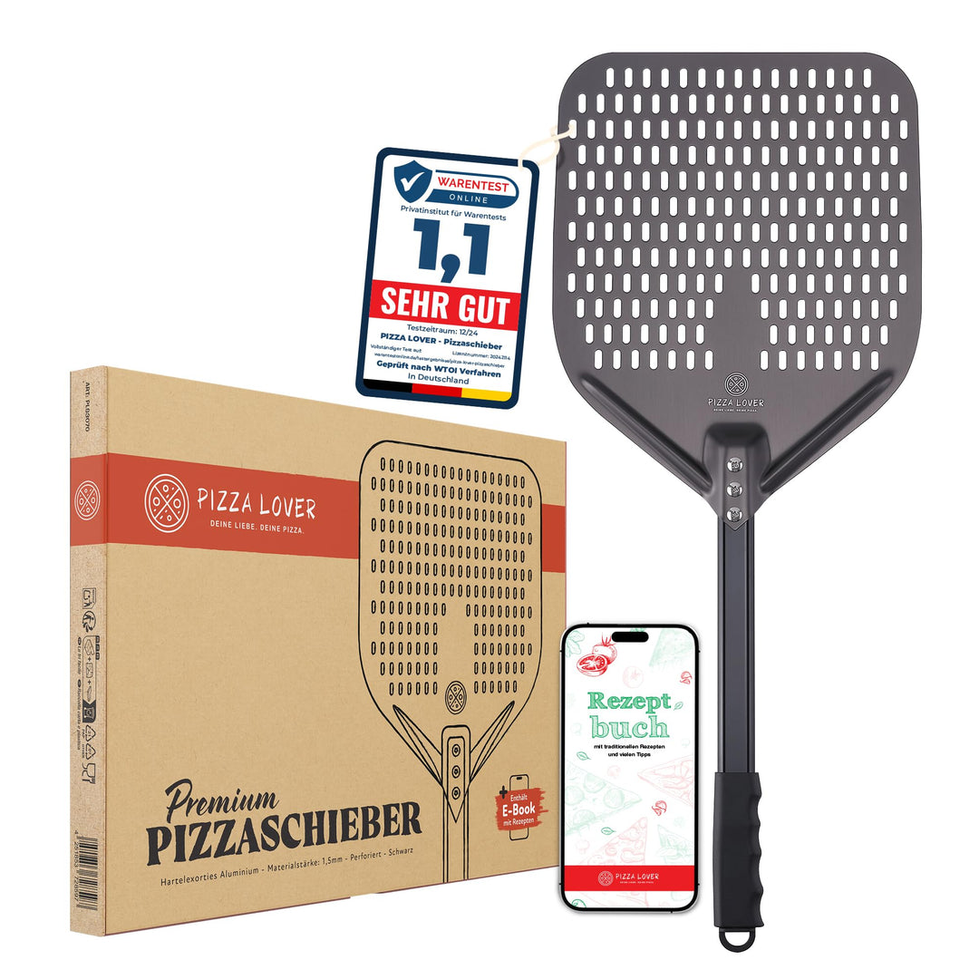 Pizza Lover® hochwertiger Pizzaschieber perforiert 30 x 30 cm Pizzaschaufel aus harteloxiertem Alumi