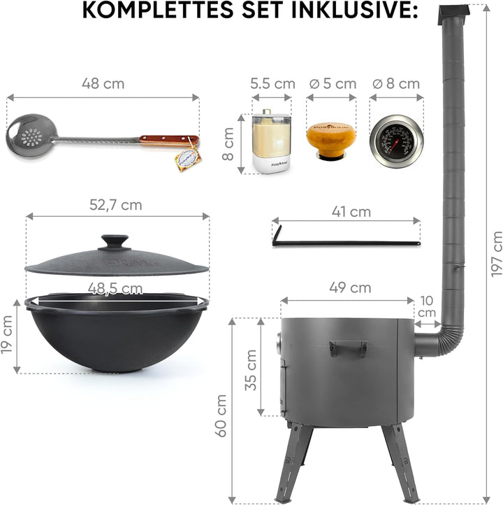 Utschak Feuerofen Ø 49 cm & Gusseisen-Kasan 22 L | Kazan-Set mit Deckel | Usbekischer Kochtopf für G