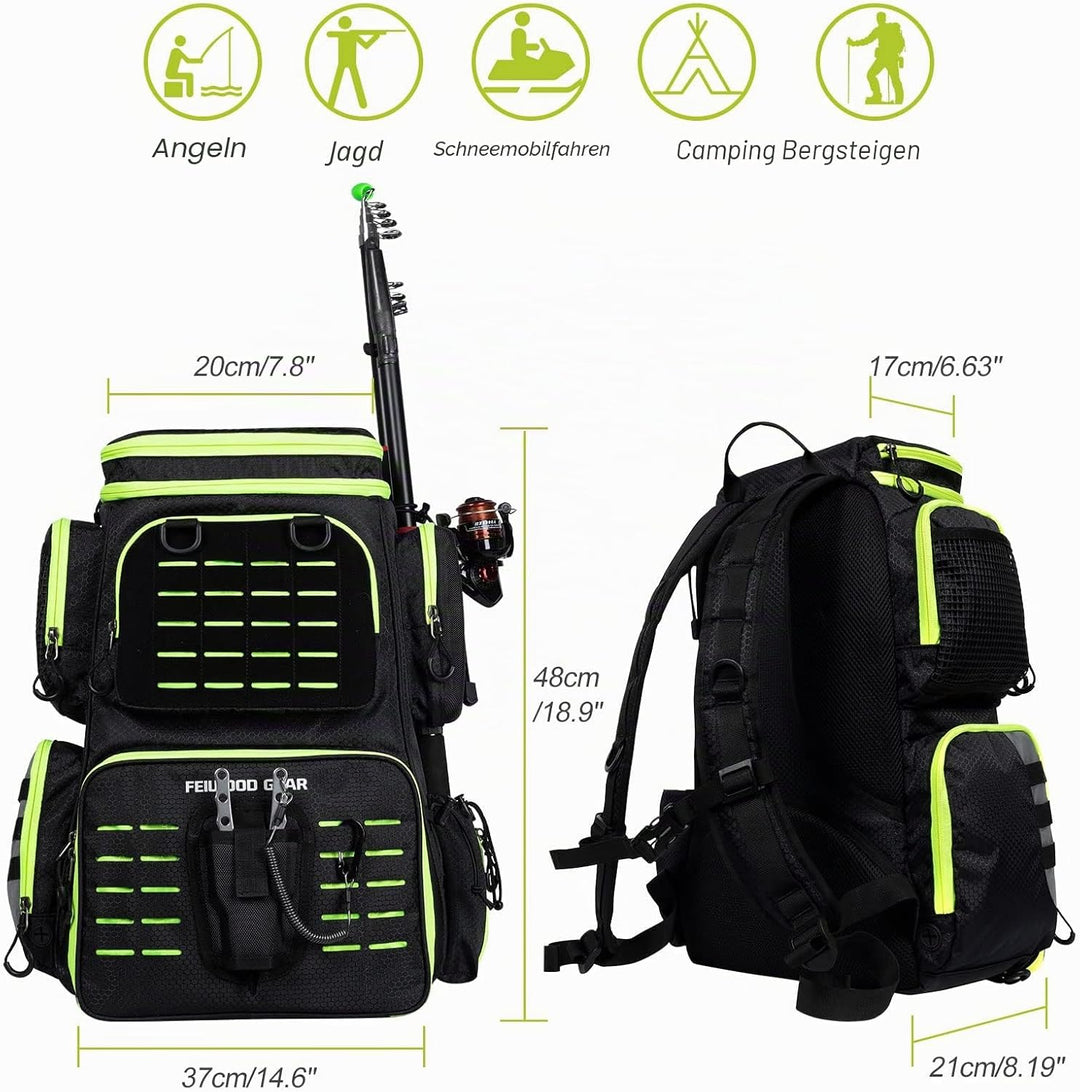 FEIWOOD GEAR Angelausrüstungs-Rucksack mit 4 Angelboxen, grosser Stauraum – widerstandsfähiger Angel