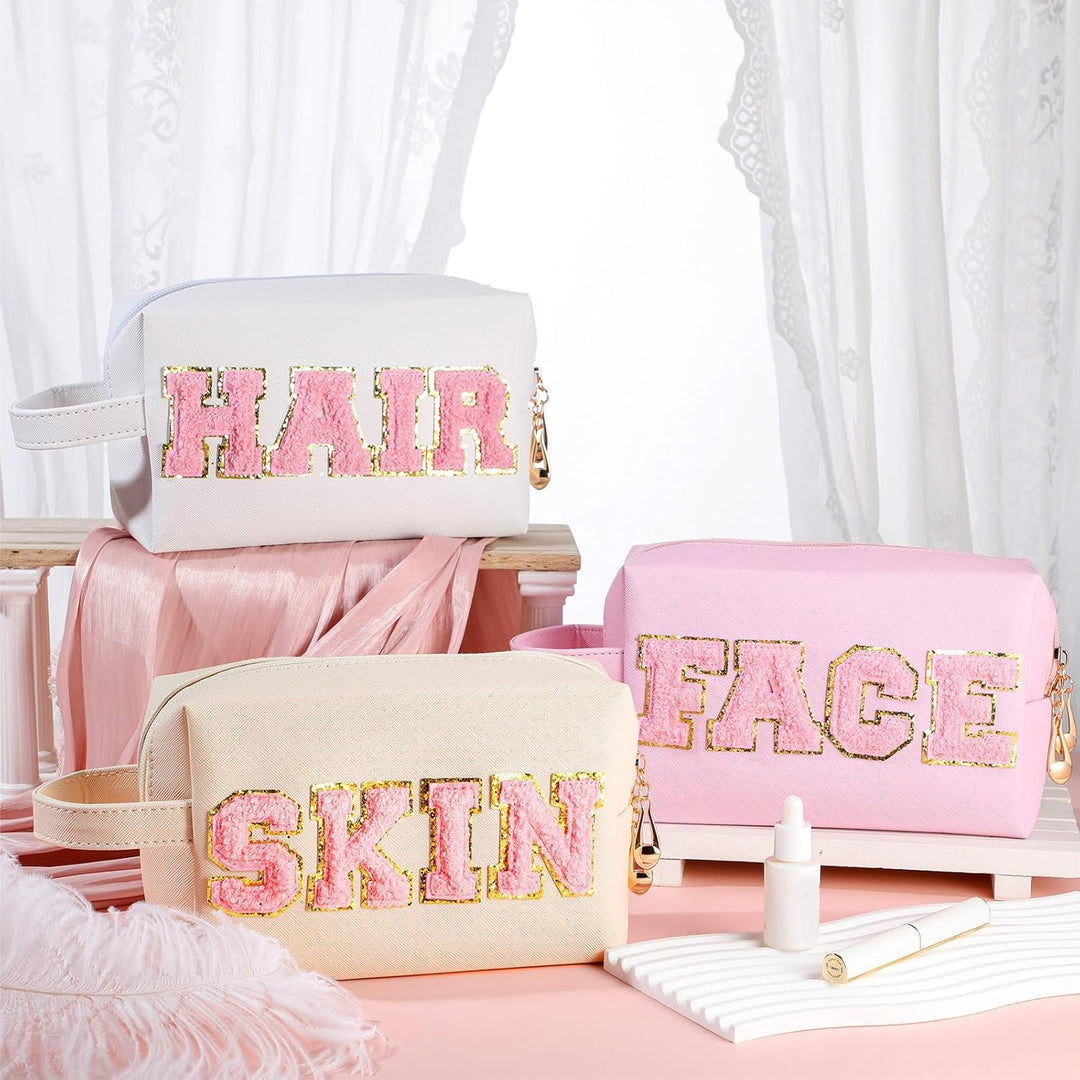 Sotiff Make-up-Tasche, Kosmetiktasche, Reise-Kulturbeutel für Damen, Chenille-Buchstaben, Patch-Tasc