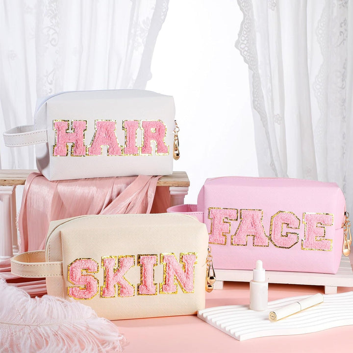Sotiff Make-up-Tasche, Kosmetiktasche, Reise-Kulturbeutel für Damen, Chenille-Buchstaben, Patch-Tasc