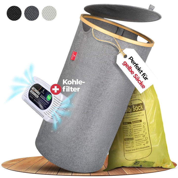 Levio® Gelber Sack Ständer mit Deckel – Müllsackhalter & Müllsackständer [80L mit Geruchsfilter] – M