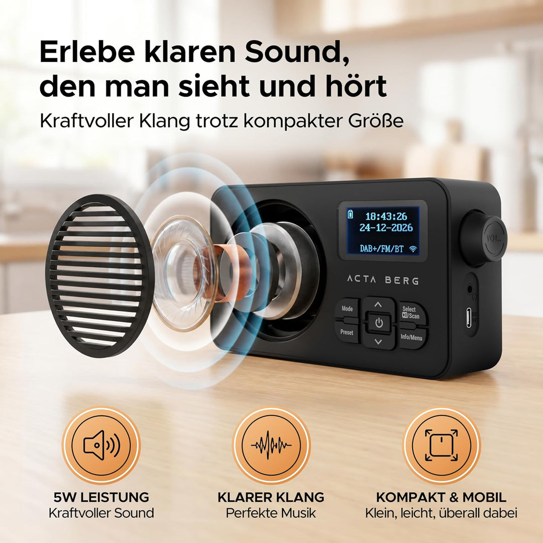 Acta Berg DAB Radio mit Akku 5000mAh austauschbar | Küchenradio mit BT 5.3 | DAB+/UKW-Radio | Digita