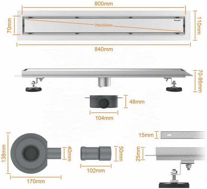 Ibergrif Edelstahl Duschrinne 80 cm Komplettset, Bodenablauf, Siphon mit Geruchsstop, Haarsieb, Befl