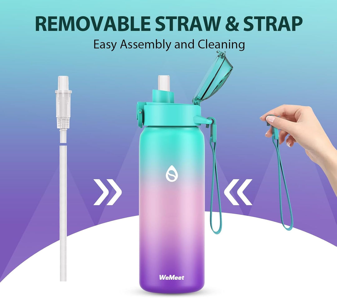 WEMEET Trinkflaschen Edelstahl 500ML mit Abnehmbare Strohhalm, [18/10 Edelstahl] Wasserflasche mit R