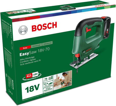 Bosch Akku Stichsäge EasySaw 18V-70 (2,0 Ah Akku, 18 Volt System, mit 1 Stichsägeblatt, Ladegerät AL