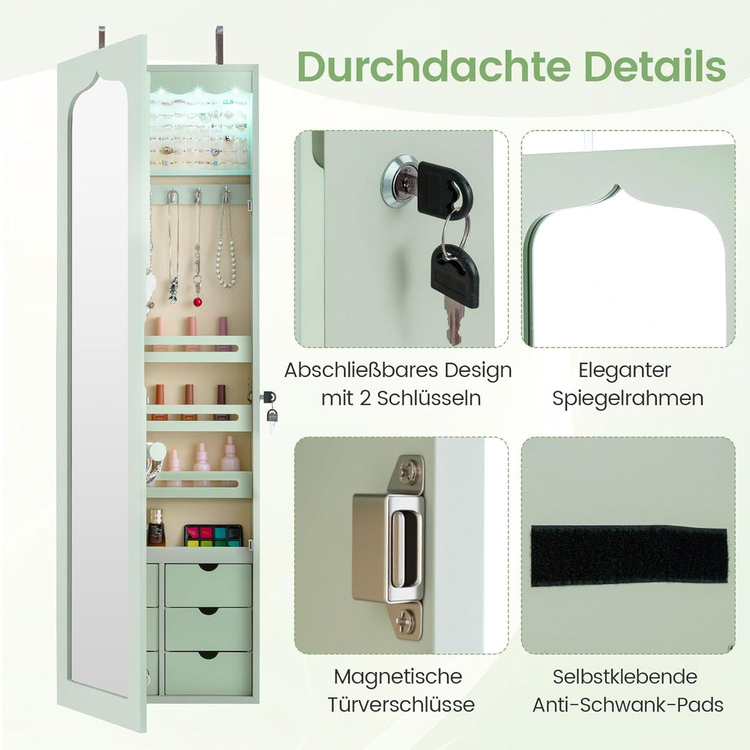 GOPLUS Schmuckschrank mit Schloss & 2 Schlüsseln, Schmuckregal mit LED-Beleuchtung, Spiegelschrank m