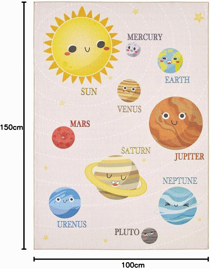 HomebyHome Teppich Kinderzimmer Planeten Muster Jungen-Mädchen Kinderteppich Beige Babyzimmer Teppic
