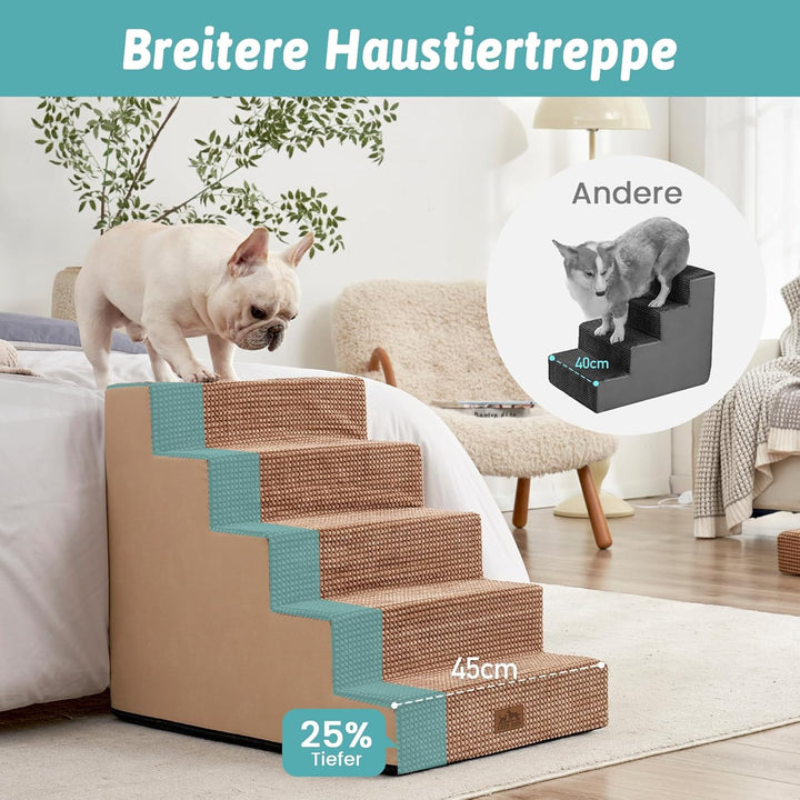 COZY KISS Hundetreppe für Kleine Hunde, 5 Stufen Breiter Haustiertreppe für Bett Couch Auto, 60cm Ho