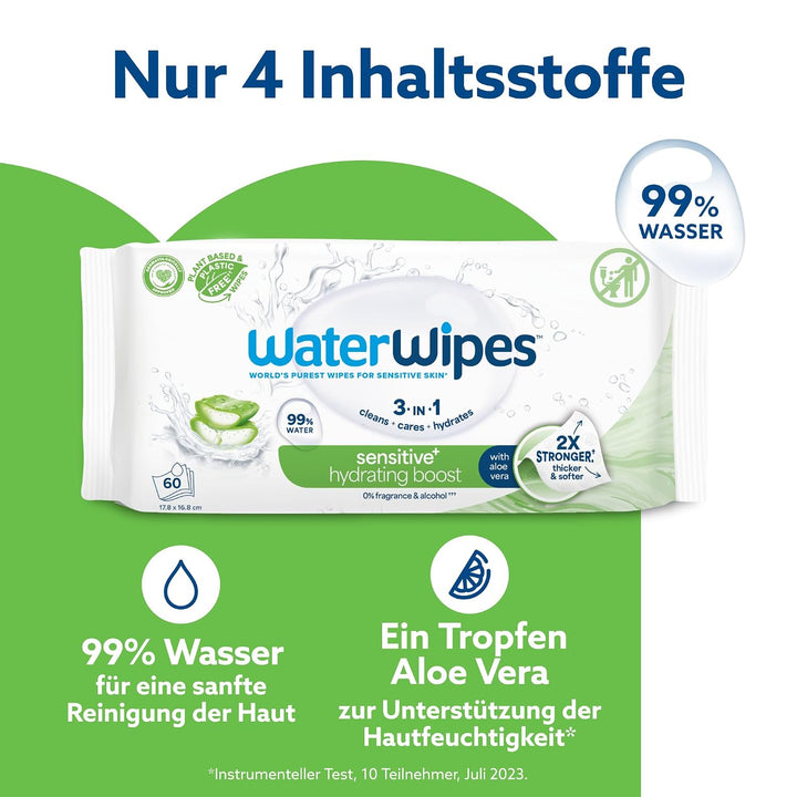 WaterWipes Sensitive+ Hydrating Boost Wipes, Feuchtigkeitsspendende Tücher, 360 Stück (6 Packungen),