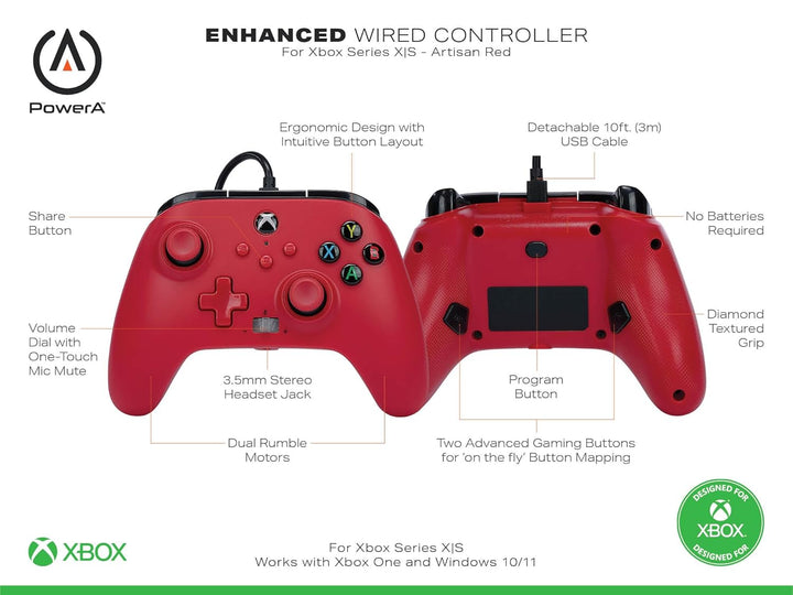 PowerA Verbesserter Kabelgebundener Controller für Xbox Series X|S - Artisan Red, Gamepad, Kabelgebu