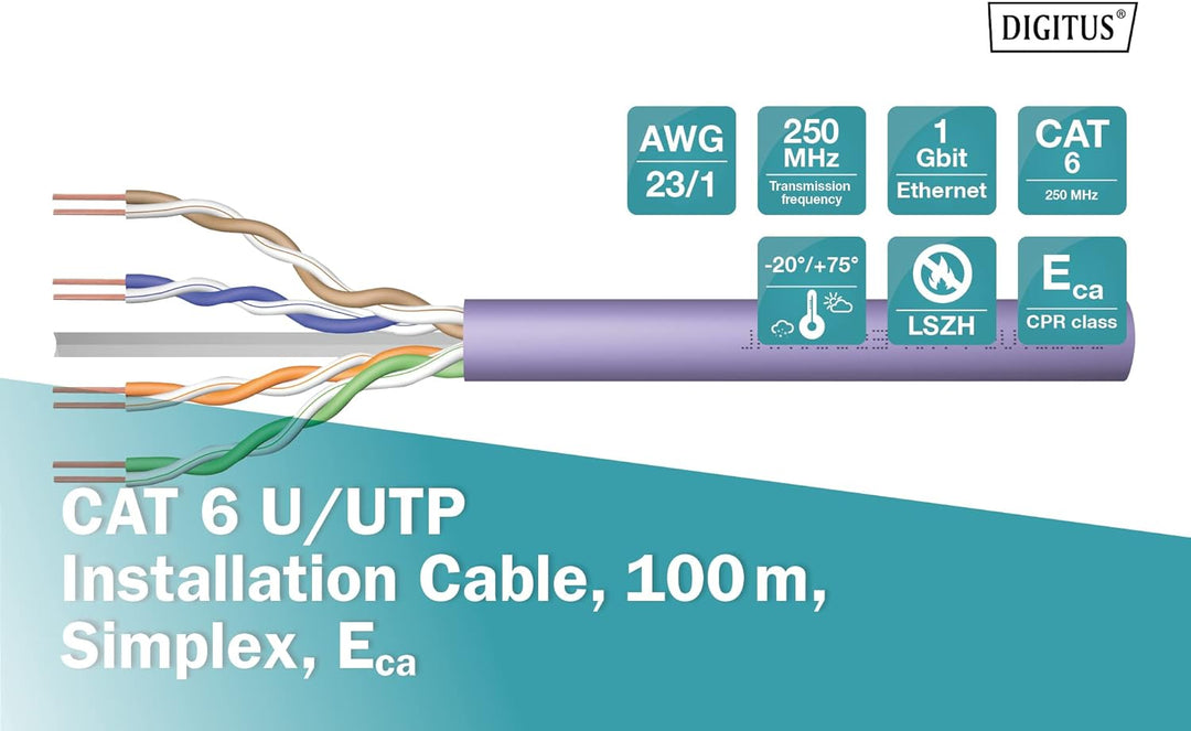 DIGITUS 100 m Cat 6 Netzwerkkabel - U-UTP Simplex - BauPVO Eca - LSZH Halogenfrei - 250 MHz Kupfer A